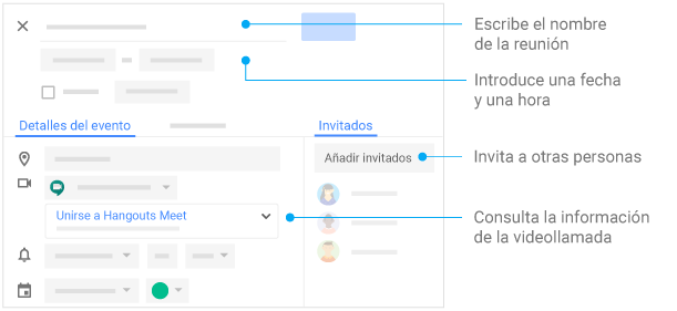 Crear eventos: dar un nombre a la reunión, introducir la fecha y la hora, invitar usuarios y gestionar detalles 