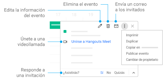 Lugar desde el que enviar correos electrónicos a invitados, unirse a reuniones y editar, eliminar o responder a eventos  